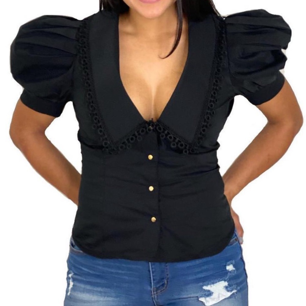 Nylon Elegant Black Puff Sleeve Top Size Large